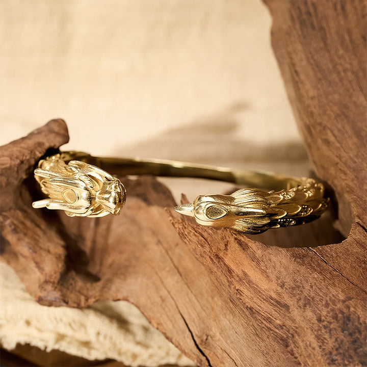 Buddha Stones Bracciale aperto in ottone anticato con drago e fenice, simbolo di forza. - image 14