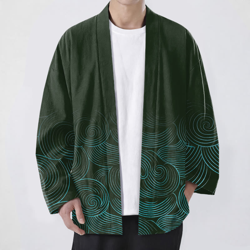 Buddha Stones Kimono da uomo in cotone con motivo a cerchi ondulati e apertura frontale. - Verde scuro - US/UK/AU48, EU58 (4XL) - image 0
