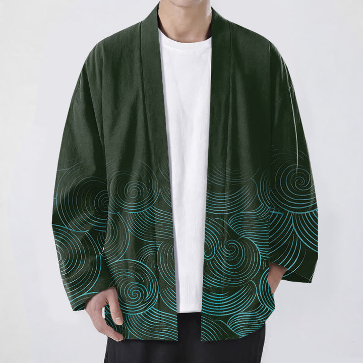 Buddha Stones Kimono da uomo in cotone con motivo a cerchi ondulati e apertura frontale. - Verde scuro - US/UK/AU48, EU58 (4XL) - image 0