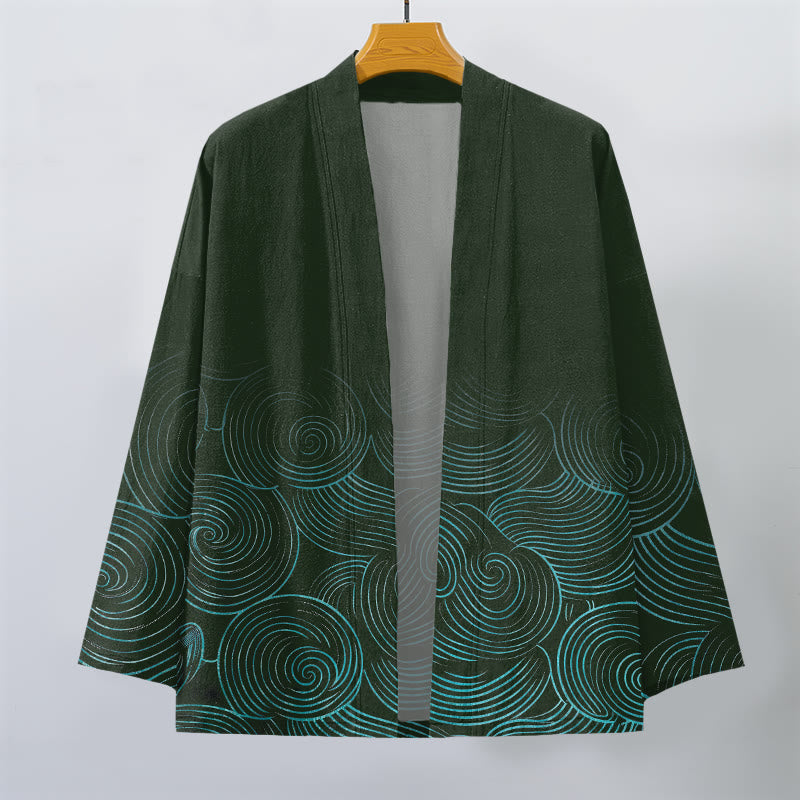 Buddha Stones Kimono da uomo in cotone con motivo a cerchi ondulati e apertura frontale. - image 1