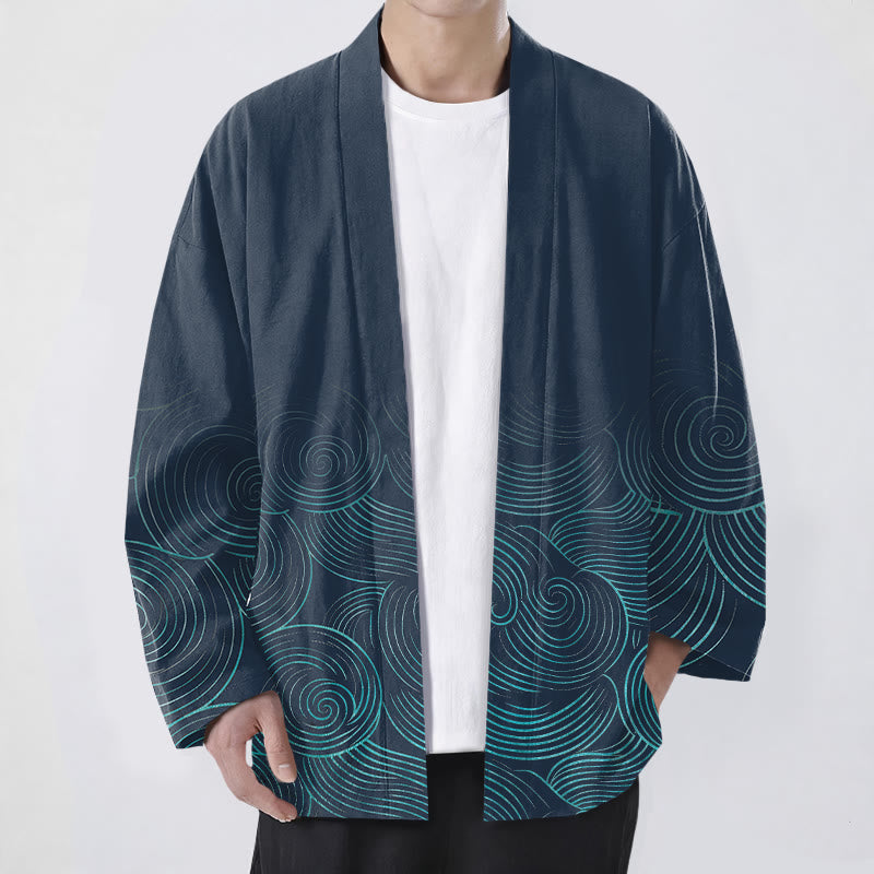 Buddha Stones Kimono da uomo in cotone con motivo a cerchi ondulati e apertura frontale. - Marina - US/UK/AU48, EU58 (4XL) - image 6