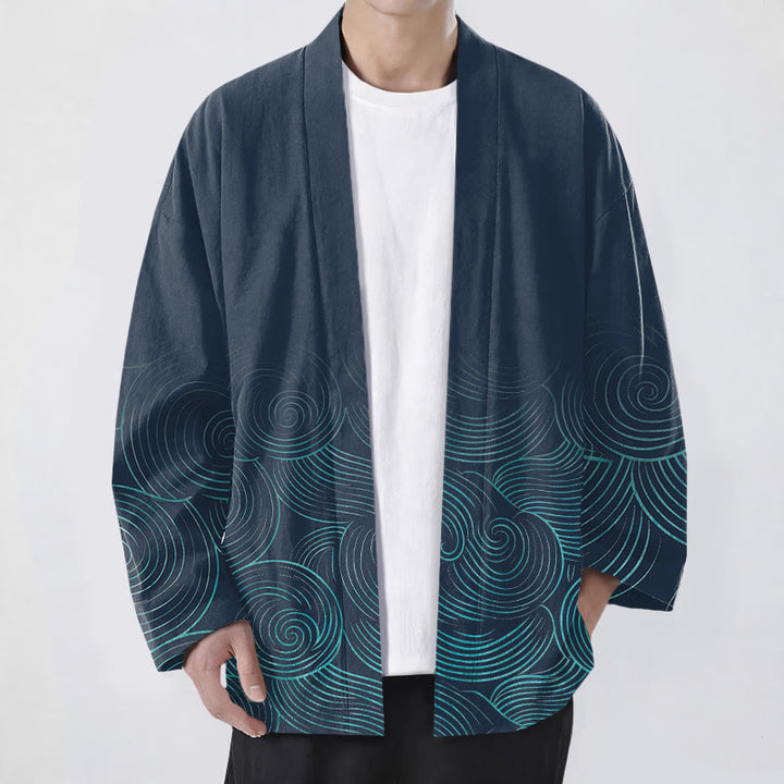 Buddha Stones Kimono da uomo in cotone con motivo a cerchi ondulati e apertura frontale. - Marina - US/UK/AU48, EU58 (4XL) - image 6