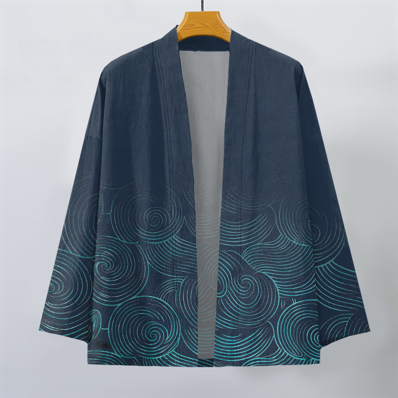 Buddha Stones Kimono da uomo in cotone con motivo a cerchi ondulati e apertura frontale. - image 7