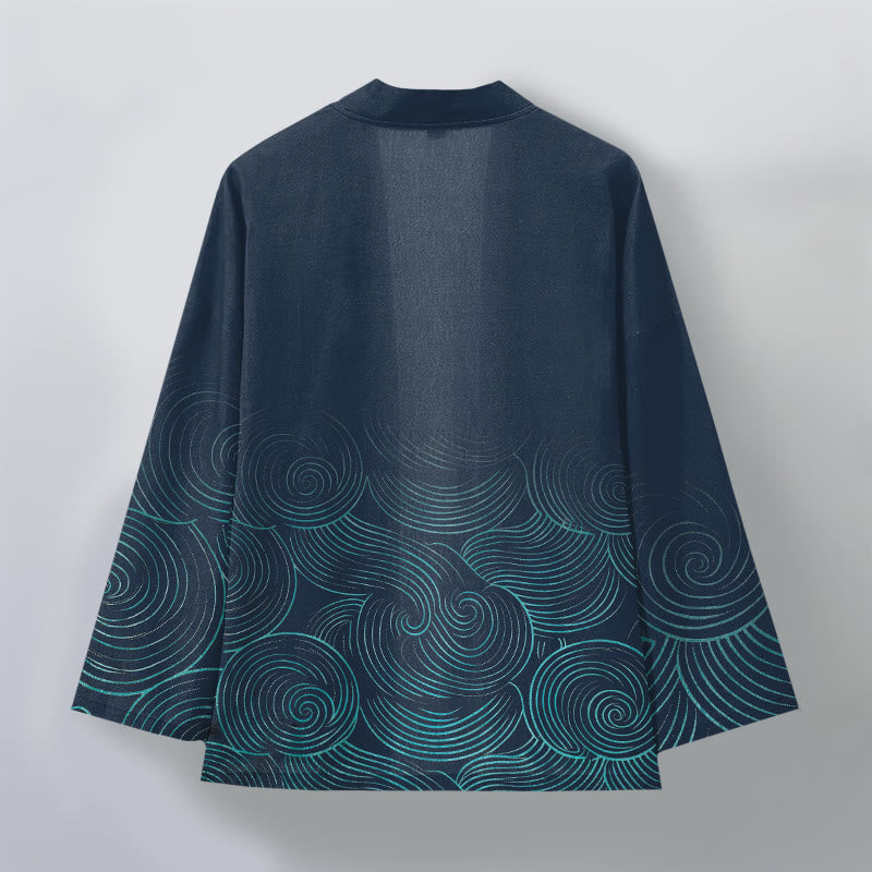 Buddha Stones Kimono da uomo in cotone con motivo a cerchi ondulati e apertura frontale. - image 8