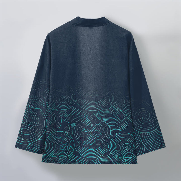 Buddha Stones Kimono da uomo in cotone con motivo a cerchi ondulati e apertura frontale. - image 8