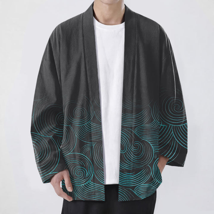 Buddha Stones Kimono da uomo in cotone con motivo a cerchi ondulati e apertura frontale. - Nero - US/UK/AU48, EU58 (4XL) - image 9