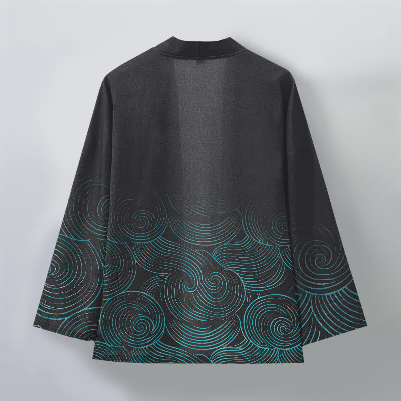 Buddha Stones Kimono da uomo in cotone con motivo a cerchi ondulati e apertura frontale. - image 11