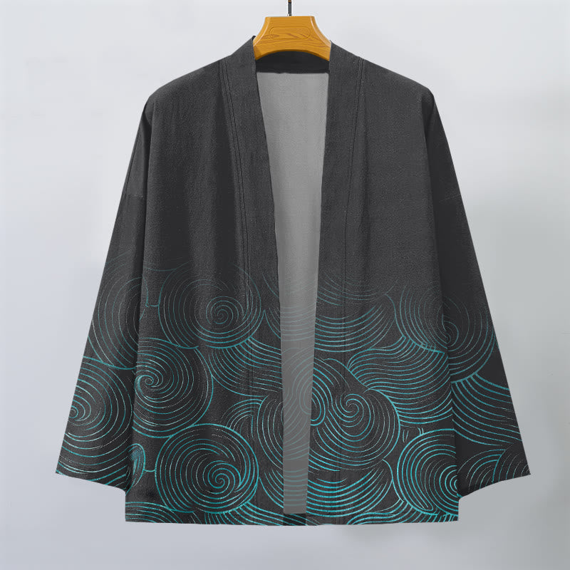 Buddha Stones Kimono da uomo in cotone con motivo a cerchi ondulati e apertura frontale. - image 10