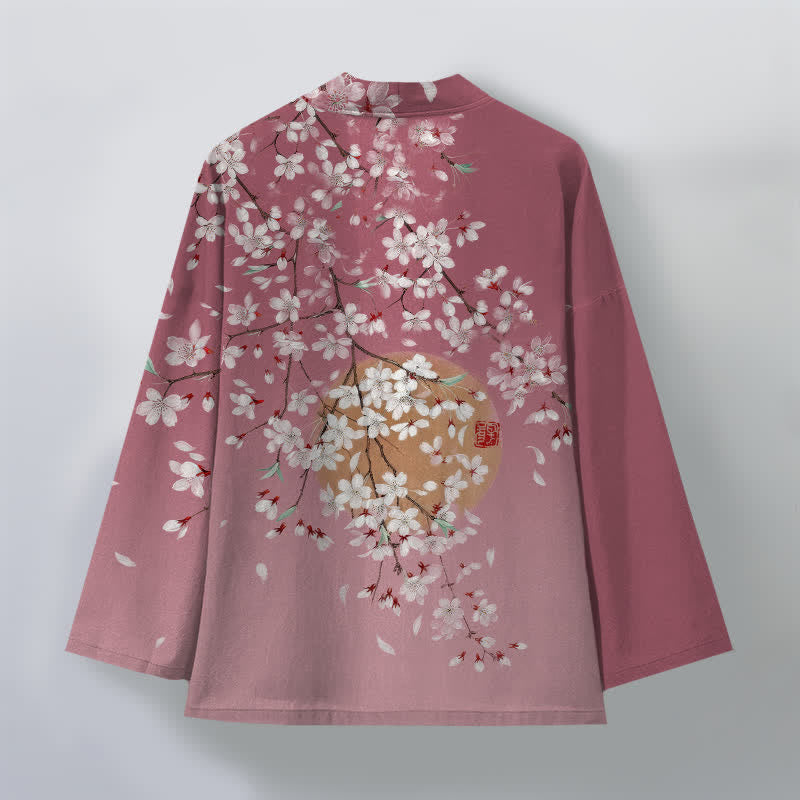 Buddha Stones Kimono da uomo in cotone bianco con motivo a fiori di ciliegio e apertura frontale. - image 2