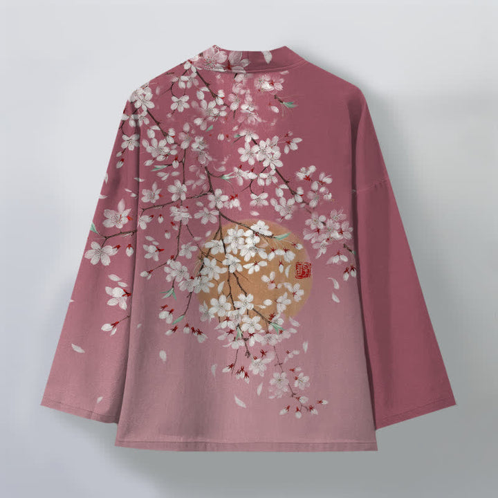 Buddha Stones Kimono da uomo in cotone bianco con motivo a fiori di ciliegio e apertura frontale. - image 2