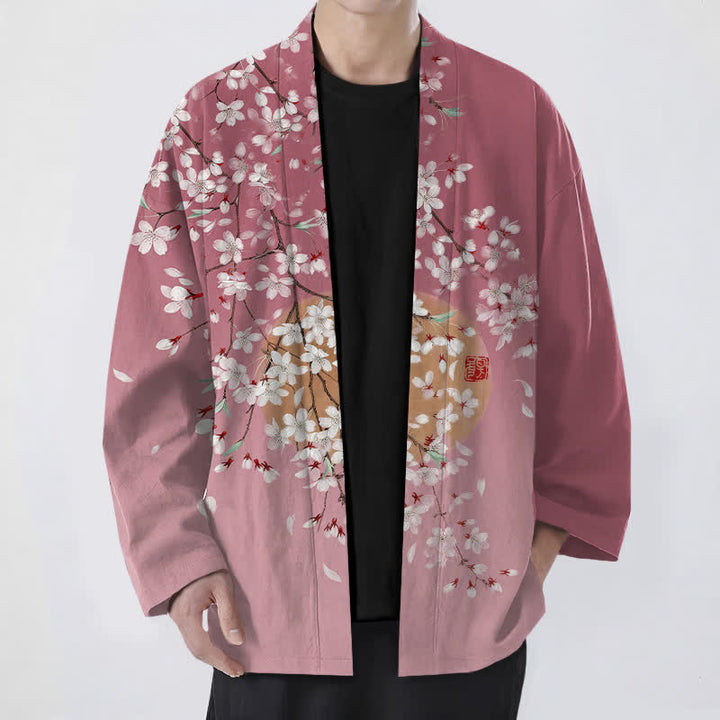 Buddha Stones Kimono da uomo in cotone bianco con motivo a fiori di ciliegio e apertura frontale. - Rosso viola pallido - US/UK/AU48, EU58 (4XL) - image 0