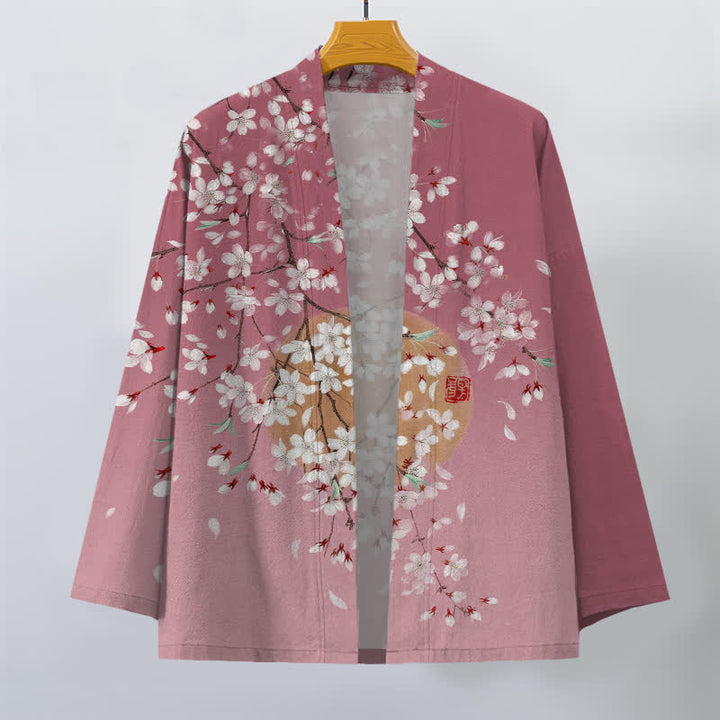 Buddha Stones Kimono da uomo in cotone bianco con motivo a fiori di ciliegio e apertura frontale. - image 1