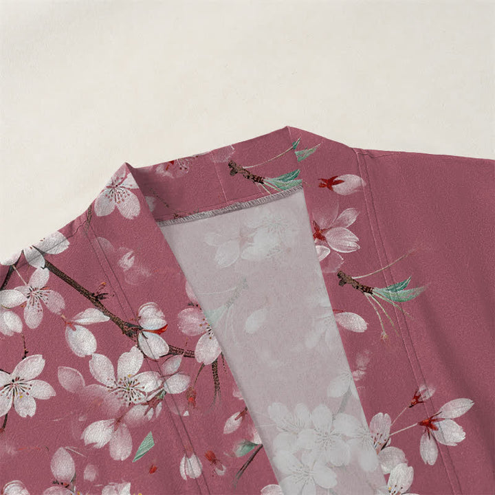 Buddha Stones Kimono da uomo in cotone bianco con motivo a fiori di ciliegio e apertura frontale. - image 3