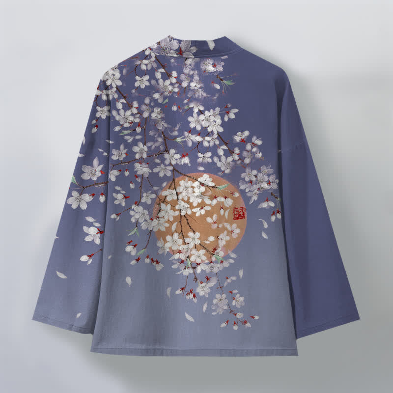 Buddha Stones Kimono da uomo in cotone bianco con motivo a fiori di ciliegio e apertura frontale. - image 8
