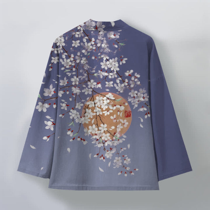 Buddha Stones Kimono da uomo in cotone bianco con motivo a fiori di ciliegio e apertura frontale. - image 8