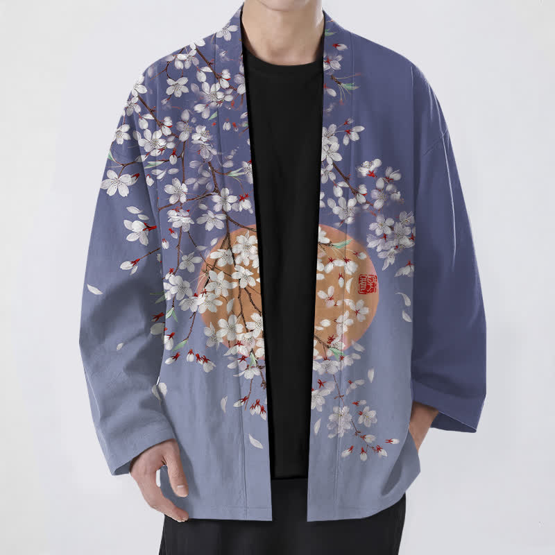 Buddha Stones Kimono da uomo in cotone bianco con motivo a fiori di ciliegio e apertura frontale. - Blu Ardesia - US/UK/AU48, EU58 (4XL) - image 6