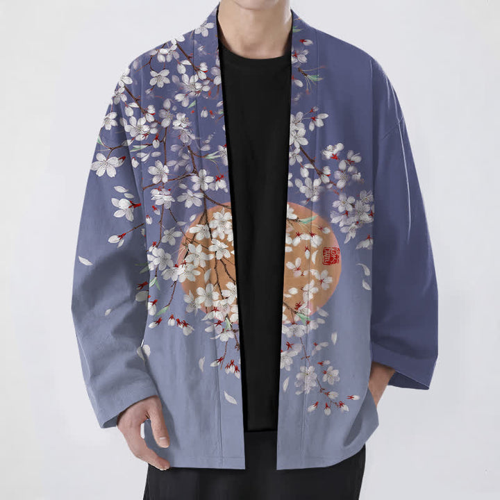 Buddha Stones Kimono da uomo in cotone bianco con motivo a fiori di ciliegio e apertura frontale. - Blu Ardesia - US/UK/AU48, EU58 (4XL) - image 6