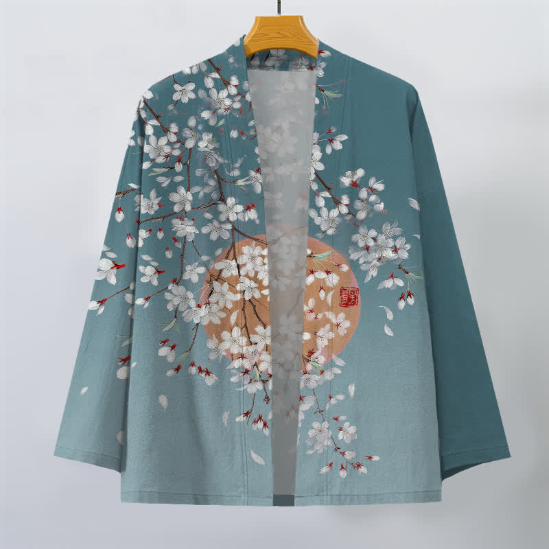 Buddha Stones Kimono da uomo in cotone bianco con motivo a fiori di ciliegio e apertura frontale. - image 10