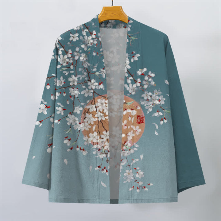 Buddha Stones Kimono da uomo in cotone bianco con motivo a fiori di ciliegio e apertura frontale. - image 10