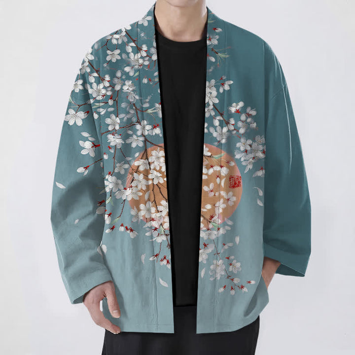 Buddha Stones Kimono da uomo in cotone bianco con motivo a fiori di ciliegio e apertura frontale. - Verde acqua - US/UK/AU48, EU58 (4XL) - image 9