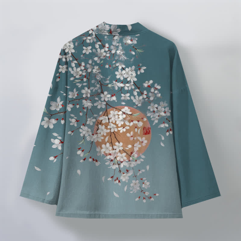 Buddha Stones Kimono da uomo in cotone bianco con motivo a fiori di ciliegio e apertura frontale. - image 11