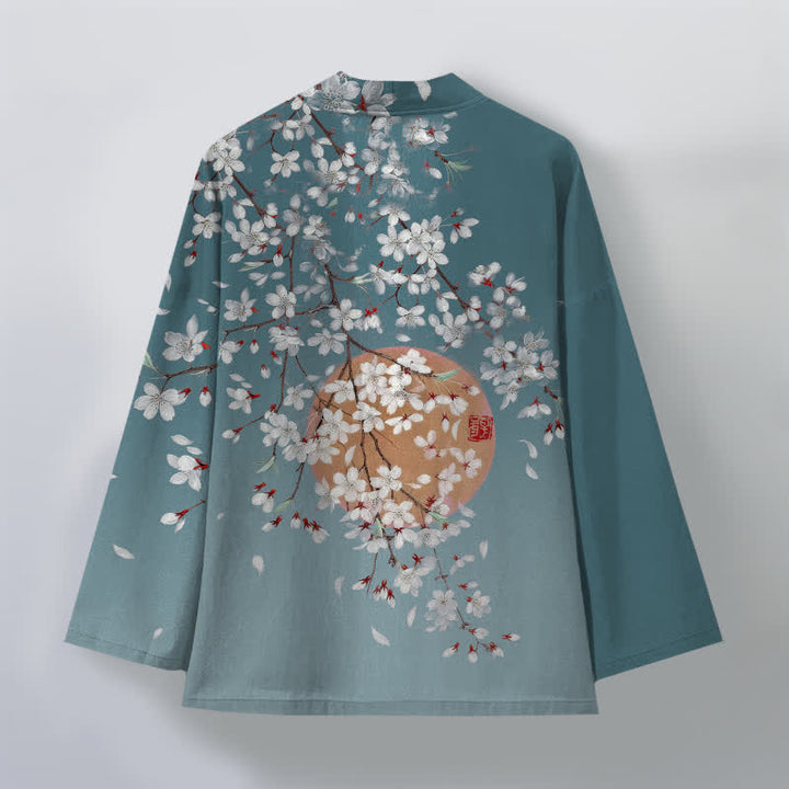 Buddha Stones Kimono da uomo in cotone bianco con motivo a fiori di ciliegio e apertura frontale. - image 11