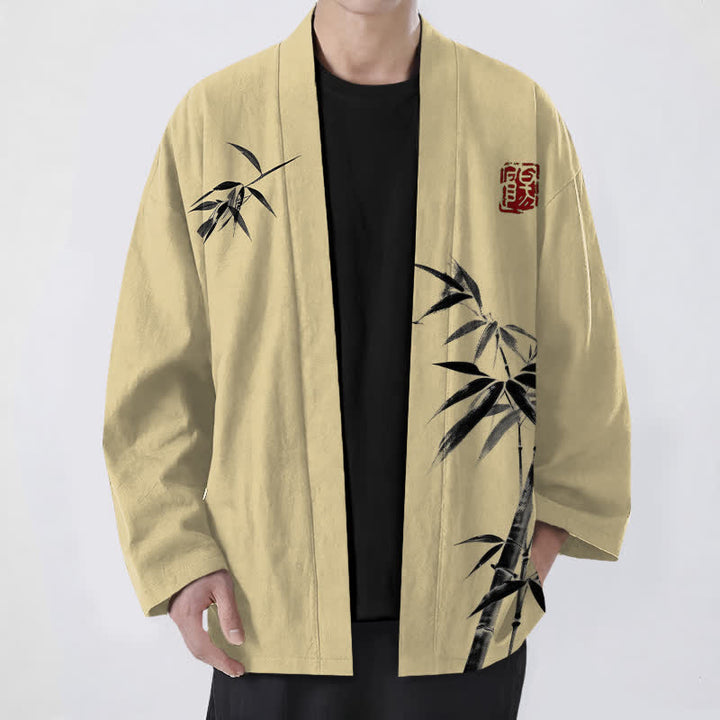 Buddha Stones Kimono da uomo in cotone con stampa asimmetrica a motivo bambù e apertura frontale. - Grano - US/UK/AU48, EU58 (4XL) - image 0
