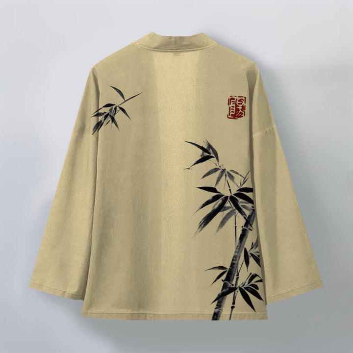 Buddha Stones Kimono da uomo in cotone con stampa asimmetrica a motivo bambù e apertura frontale. - image 2