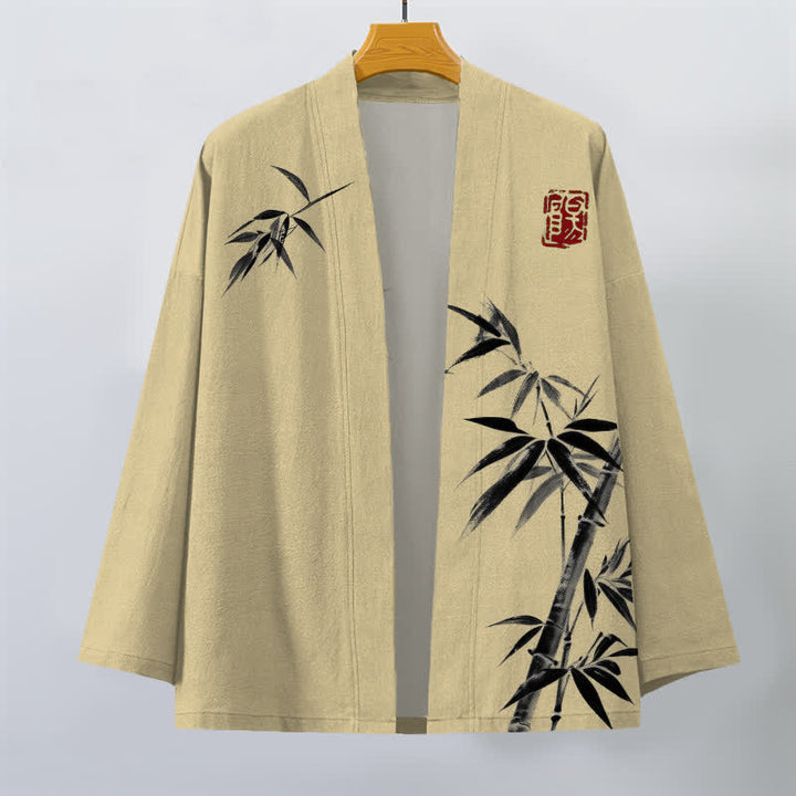 Buddha Stones Kimono da uomo in cotone con stampa asimmetrica a motivo bambù e apertura frontale. - image 1