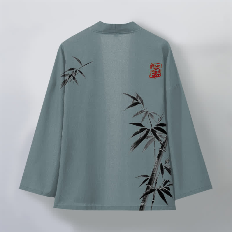 Buddha Stones Kimono da uomo in cotone con stampa asimmetrica a motivo bambù e apertura frontale. - image 8
