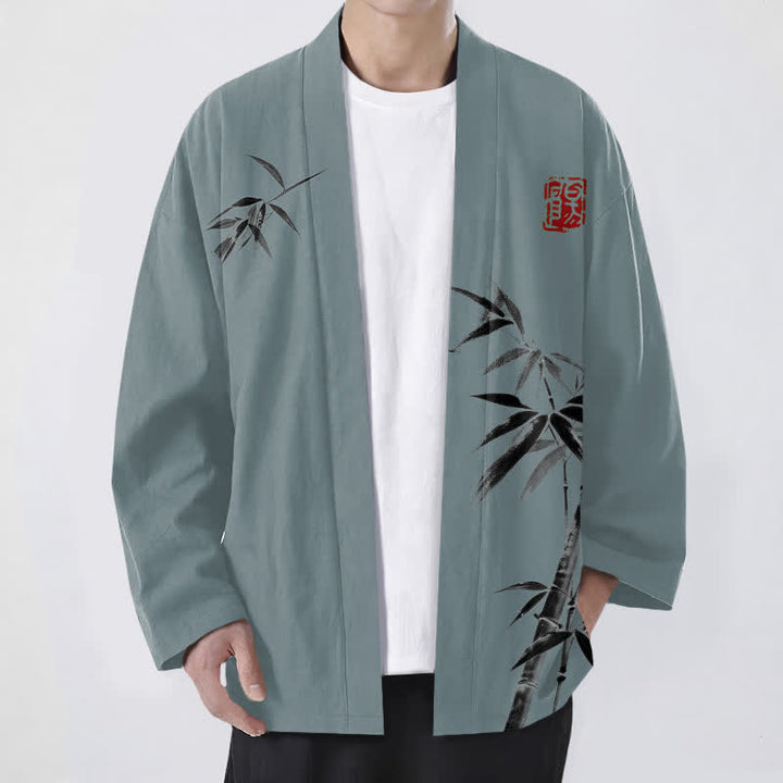 Buddha Stones Kimono da uomo in cotone con stampa asimmetrica a motivo bambù e apertura frontale. - Cadetto Blu - US/UK/AU48, EU58 (4XL) - image 6