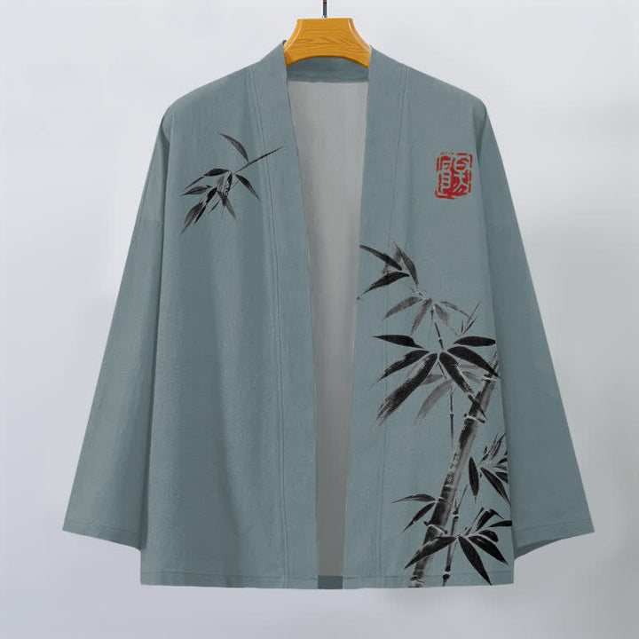 Buddha Stones Kimono da uomo in cotone con stampa asimmetrica a motivo bambù e apertura frontale. - image 7
