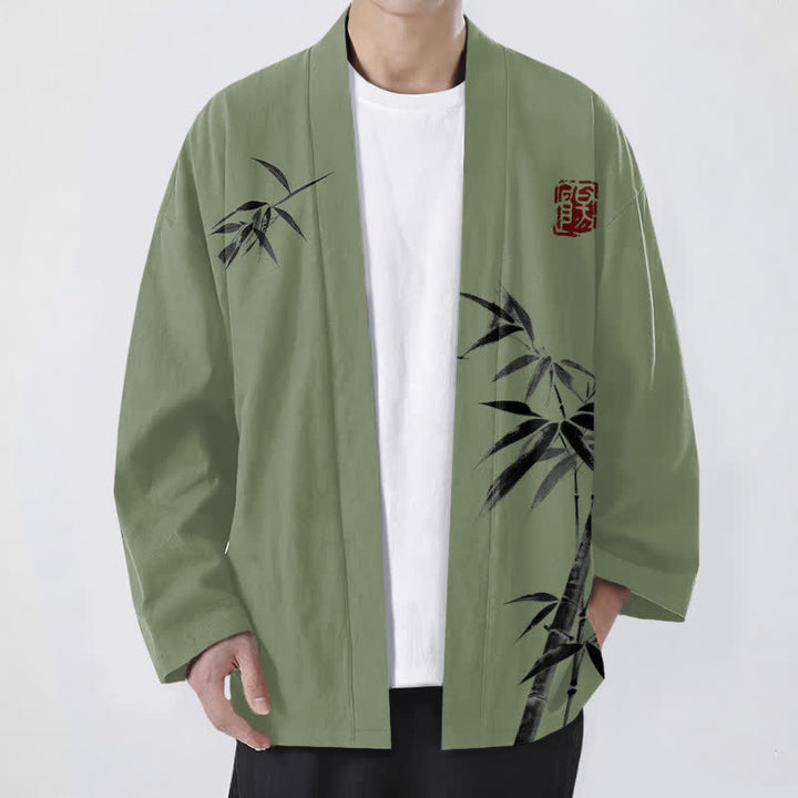 Buddha Stones Kimono da uomo in cotone con stampa asimmetrica a motivo bambù e apertura frontale. - Verde oliva - US/UK/AU48, EU58 (4XL) - image 9