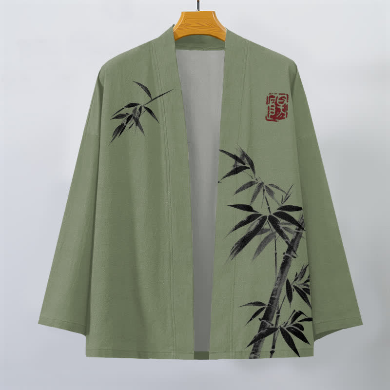 Buddha Stones Kimono da uomo in cotone con stampa asimmetrica a motivo bambù e apertura frontale. - image 10