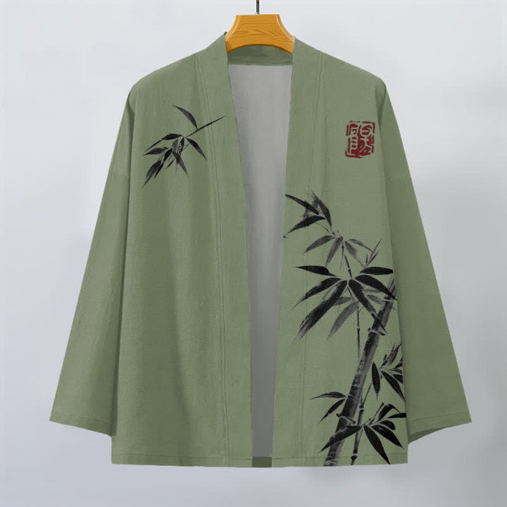 Buddha Stones Kimono da uomo in cotone con stampa asimmetrica a motivo bambù e apertura frontale. - image 10
