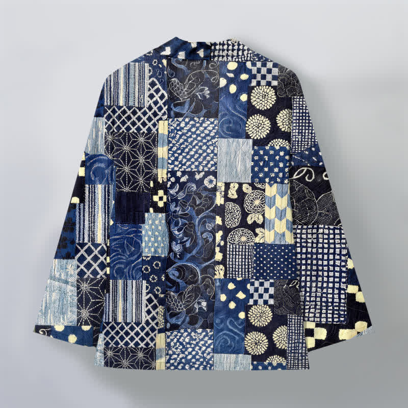 Buddha Stones Kimono da uomo in cotone con motivo patchwork floreale vintage e apertura frontale. - image 2