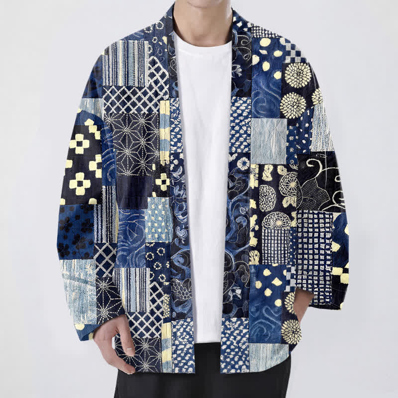 Buddha Stones Kimono da uomo in cotone con motivo patchwork floreale vintage e apertura frontale. - Marina - US/UK/AU48, EU58 (4XL) - image 0