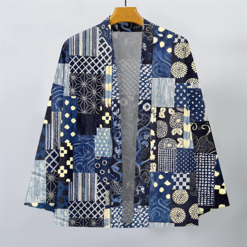 Buddha Stones Kimono da uomo in cotone con motivo patchwork floreale vintage e apertura frontale. - image 1