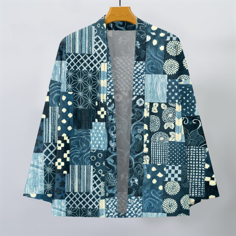 Buddha Stones Kimono da uomo in cotone con motivo patchwork floreale vintage e apertura frontale. - image 7