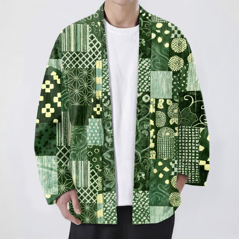 Buddha Stones Kimono da uomo in cotone con motivo patchwork floreale vintage e apertura frontale. - Verde studentesco - US/UK/AU48, EU58 (4XL) - image 9