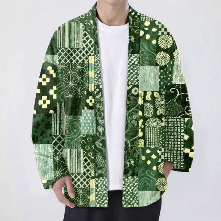 Buddha Stones Kimono da uomo in cotone con motivo patchwork floreale vintage e apertura frontale. - Verde studentesco - US/UK/AU48, EU58 (4XL) - image 9