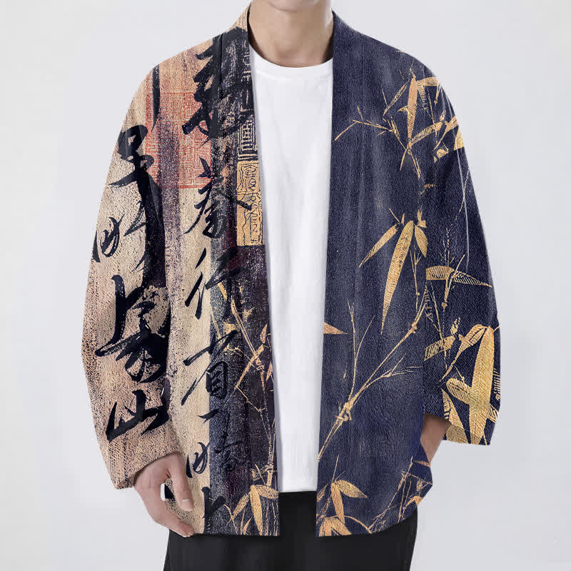 Buddha Stones Kimono da uomo in cotone con motivo a bambù e calligrafia zen, aperto sul davanti. - Marina - US/UK/AU48, EU58 (4XL) - image 0