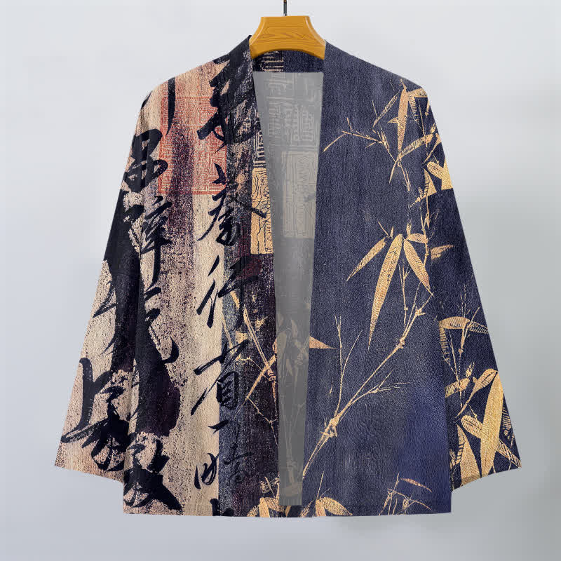 Buddha Stones Kimono da uomo in cotone con motivo a bambù e calligrafia zen, aperto sul davanti. - image 1