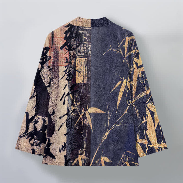 Buddha Stones Kimono da uomo in cotone con motivo a bambù e calligrafia zen, aperto sul davanti. - image 2