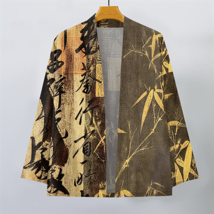Buddha Stones Kimono da uomo in cotone con motivo a bambù e calligrafia zen, aperto sul davanti. - image 7