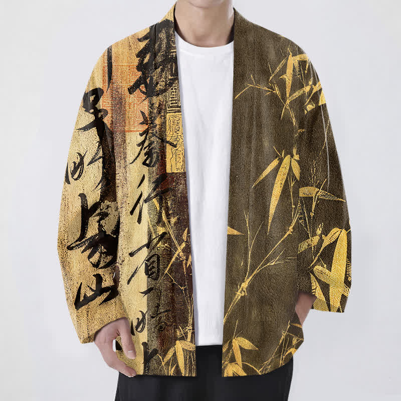 Buddha Stones Kimono da uomo in cotone con motivo a bambù e calligrafia zen, aperto sul davanti. - Verga d'oro - US/UK/AU48, EU58 (4XL) - image 6