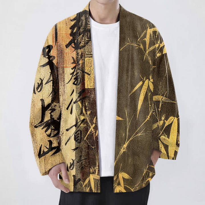 Buddha Stones Kimono da uomo in cotone con motivo a bambù e calligrafia zen, aperto sul davanti. - Verga d'oro - US/UK/AU48, EU58 (4XL) - image 6