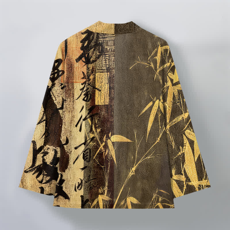 Buddha Stones Kimono da uomo in cotone con motivo a bambù e calligrafia zen, aperto sul davanti. - image 8