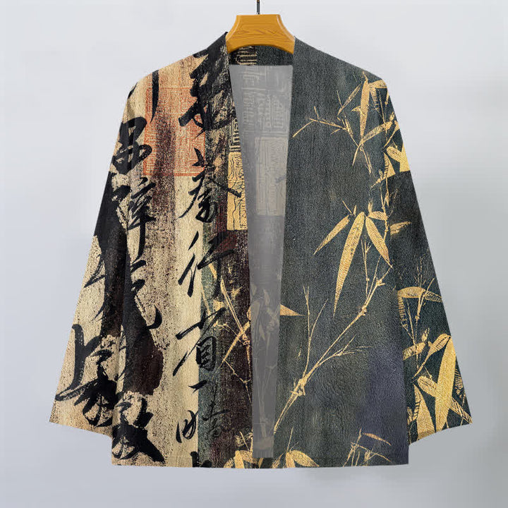 Buddha Stones Kimono da uomo in cotone con motivo a bambù e calligrafia zen, aperto sul davanti. - image 10