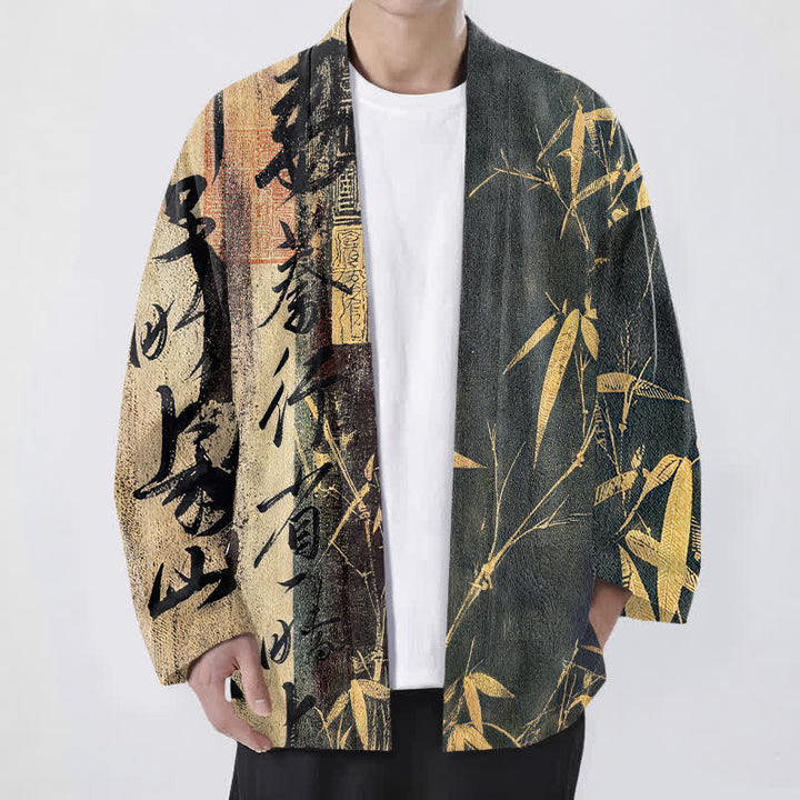 Buddha Stones Kimono da uomo in cotone con motivo a bambù e calligrafia zen, aperto sul davanti. - Grigio - US/UK/AU48, EU58 (4XL) - image 9